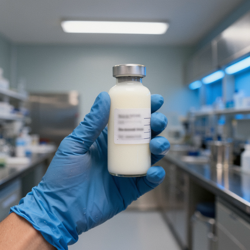 Sealed glass vial of BULL SERUM held toward the camera by a gloved hand